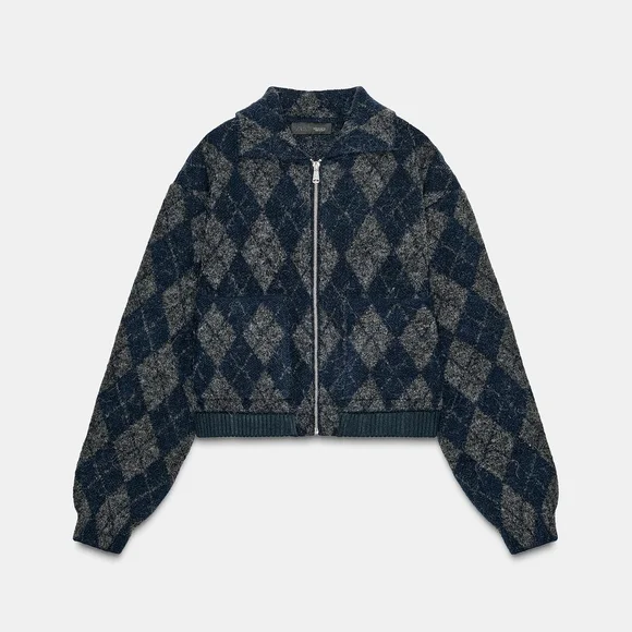 ZARA ARGYLE KNIT BOMBER JACKET - Picture 5 of 13